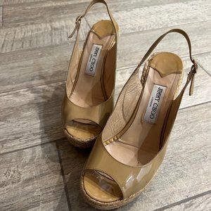 Jimmy Choo Beige Patent Leather Espadrille Wedges Sandals Size EU 38.5 (US 8.5)